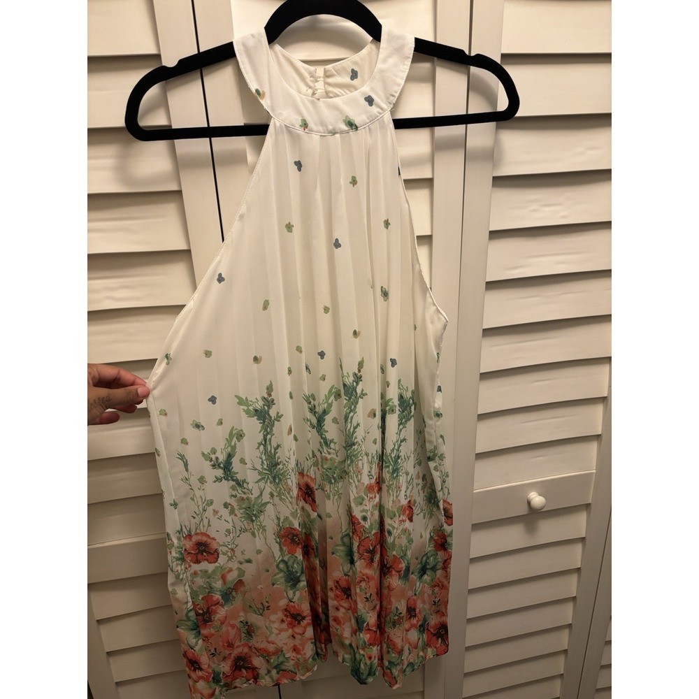 Floral Chiffon Dress Small White Tunic Sheer Fairv Halter Coquette Y2K Cottage - Picture 2 of 13